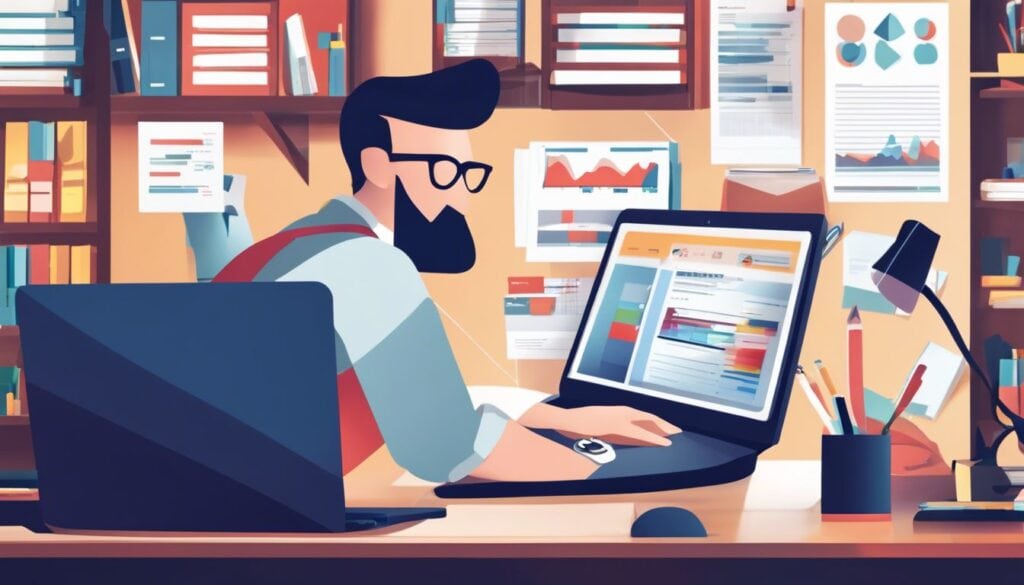 Een bedrijfseigenaar bekijkt een demo video van boekhoudsoftware op een laptop.