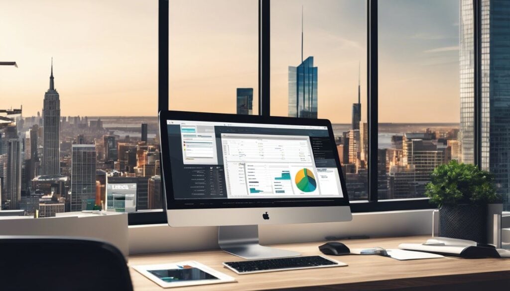 Een moderne kantoorwerkplek met boekhoudsoftware en stadsgezichtfotografie.