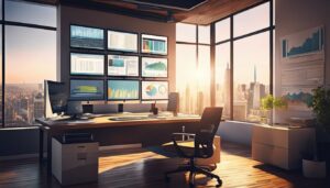 Moderne kantoorwerkplek met meerdere computers en stadsgezicht door het raam.