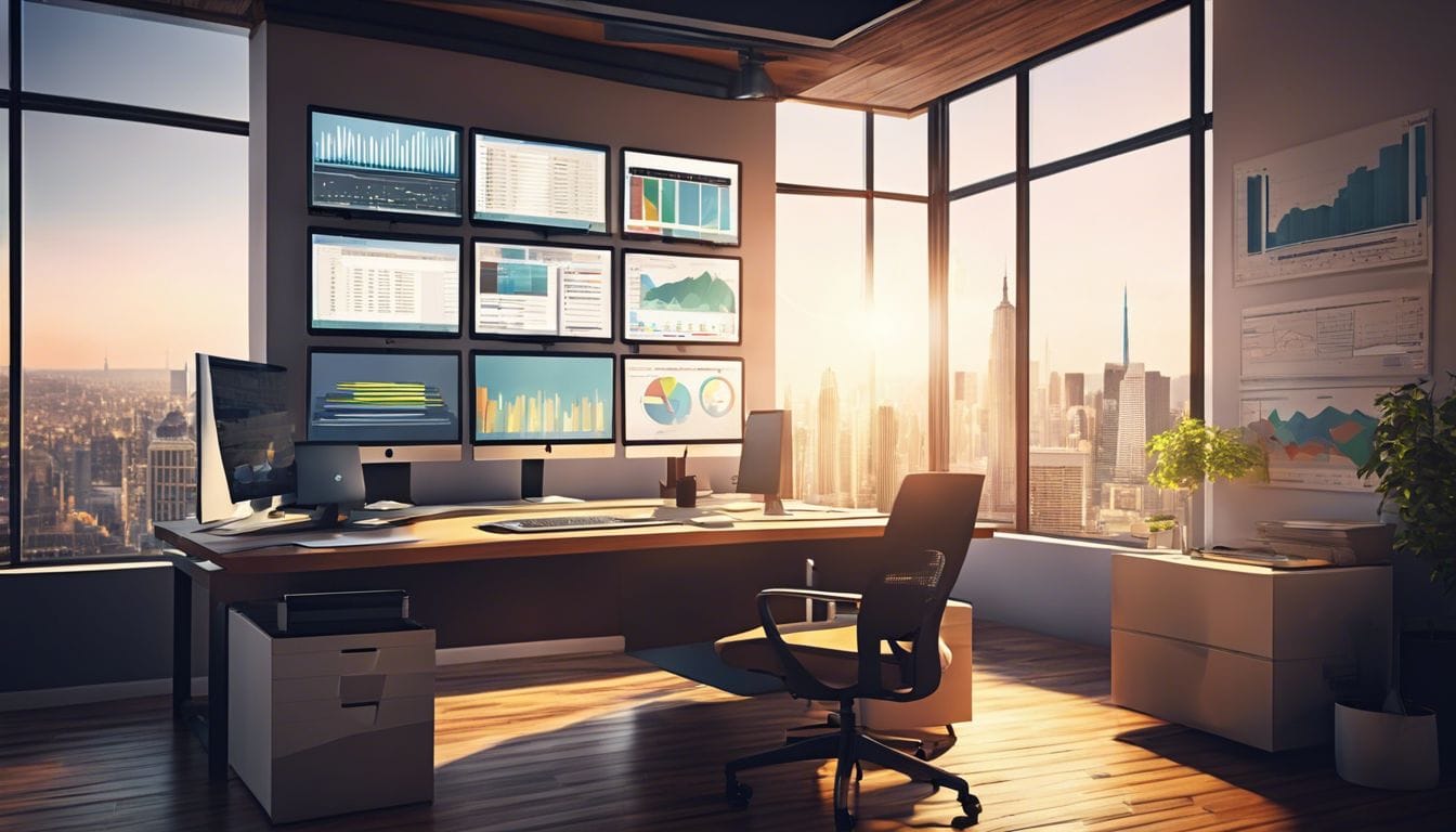 Moderne kantoorwerkplek met meerdere computers en stadsgezicht door het raam.