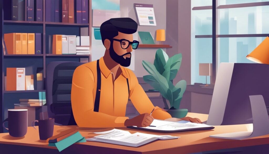 Een kleine ondernemer gebruikt MYOB boekhoudsoftware op kantoor.