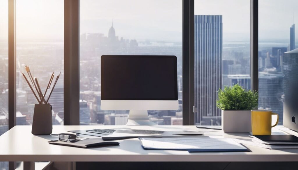 Een moderne kantoorwerkplek met boekhoudsoftware en georganiseerde papieren, met uitzicht op de stad.