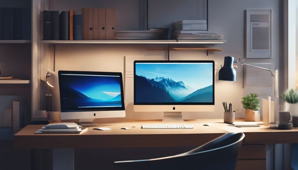 Een gestroomlijnd en modern kantoorbureau met computer en georganiseerde projectbestanden.