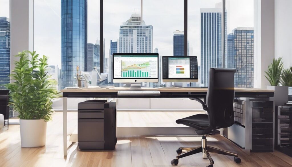 Een modern kantoorbureau met computer, boekhoudsoftware en georganiseerde financiële documenten.