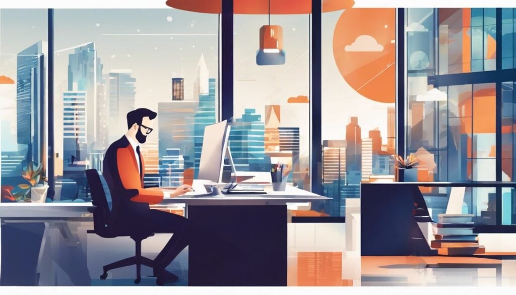 Een boekhouder gebruikt AI-software op een modern kantoor.