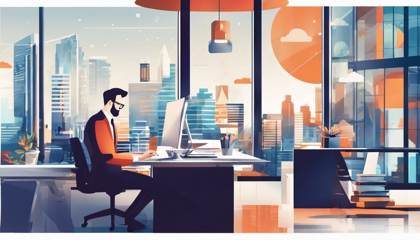 Een boekhouder gebruikt AI-software op een modern kantoor.