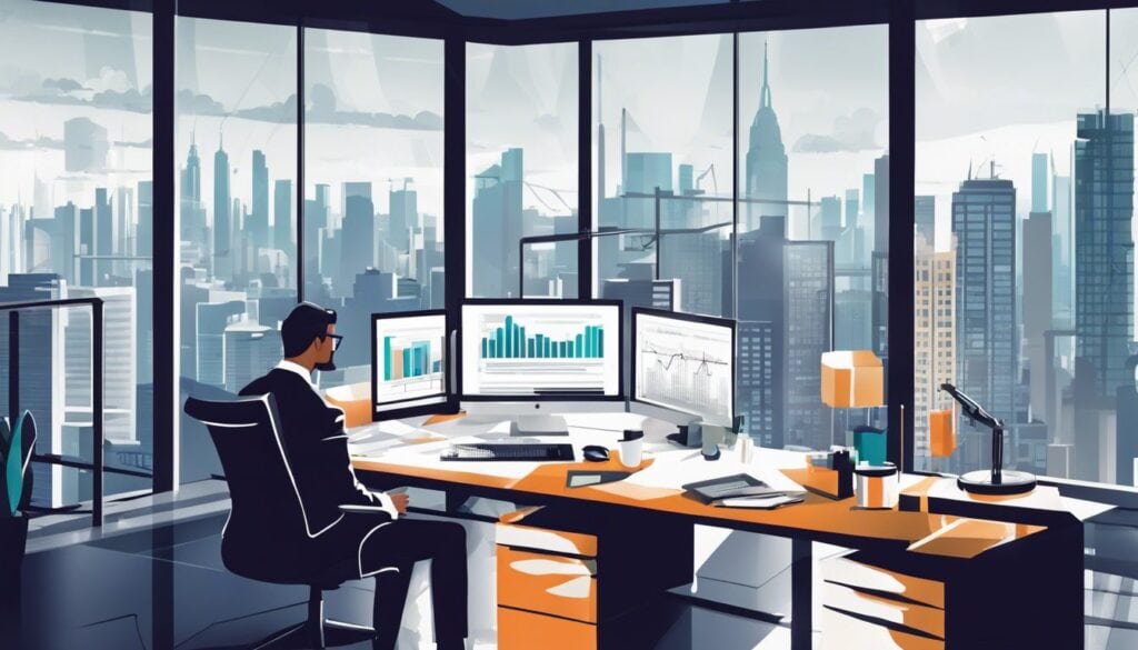 Een financieel analist bestudeert financiële gegevens in een modern kantoor.