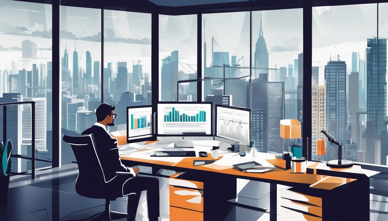 Een financieel analist bestudeert financiële gegevens in een modern kantoor.