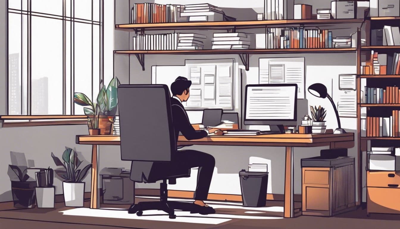 Een persoon werkt geconcentreerd en efficiënt in een kantooromgeving met een computer en bureau vol papierwerk.