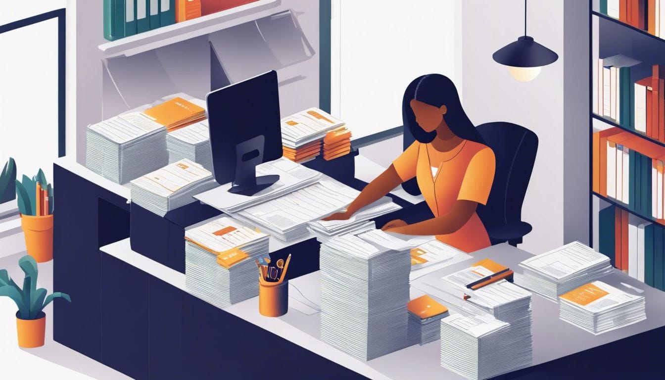 Persoon organiseert bonnen en facturen op een schone bureau.