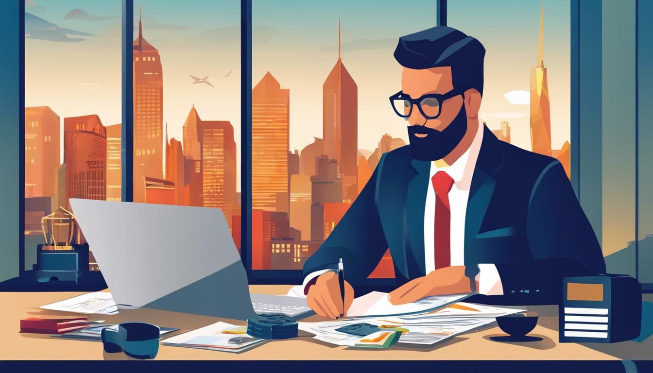 Een attente accountant zit aan een net bureau met laptop en financiële documenten.