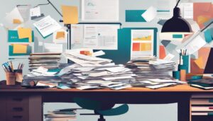 Een rommelig bureau met financiële papieren verspreid.