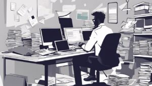 Een rommelig kantoor met persoon en computerapparatuur.