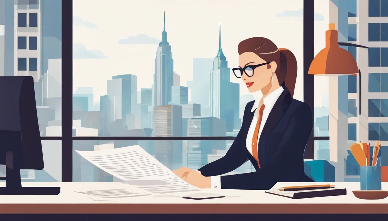 Een succesvolle zakeneigenaar werkt aan een schone en georganiseerde bureau met uitzicht op een stad.