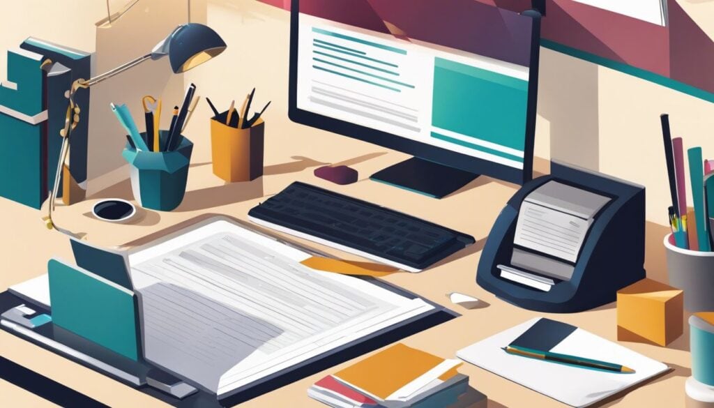 Een persoon organiseert documenten op een schone werkplek met een computer.