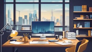 Een opgeruimd bouwplaatskantoor met digitale apparaten en papierwerk, stadsgezichtfotografie, gericht op moderniteit en efficiëntie.