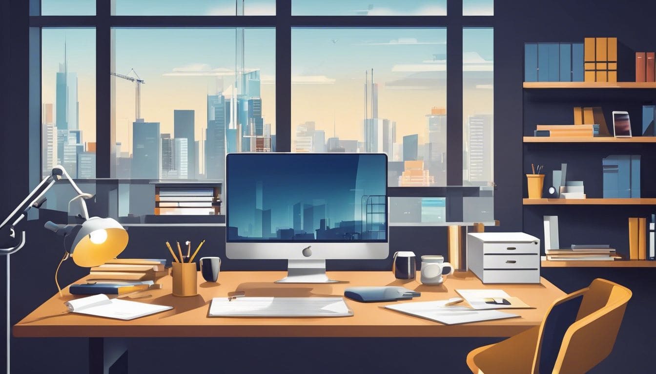 Een opgeruimd bouwplaatskantoor met digitale apparaten en papierwerk, stadsgezichtfotografie, gericht op moderniteit en efficiëntie.