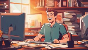 Een persoon in een kantooromgeving, omringd door papierwerk, kijkt naar grappige cartoons op de computer en lacht.