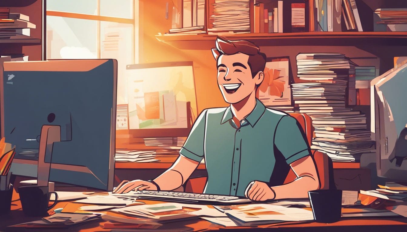 Een persoon in een kantooromgeving, omringd door papierwerk, kijkt naar grappige cartoons op de computer en lacht.