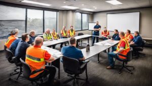 Een diverse groep vrachtwagenchauffeurs bespreekt hun code 95 kwalificaties in een professionele trainingsruimte.