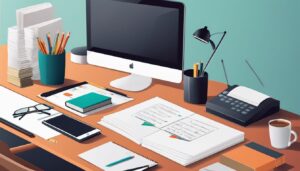 Een opgeruimd kantoorbureau met Duitse boekhoudboeken en een computer, benadrukt de georganiseerde en efficiënte werkomgeving.