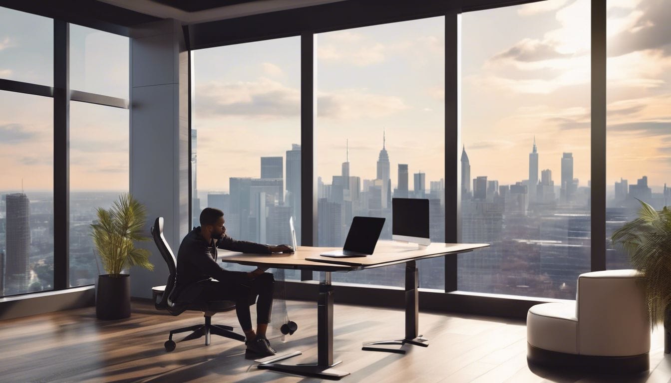 Een fysiotherapeut werkt op een laptop in een modern kantoor.