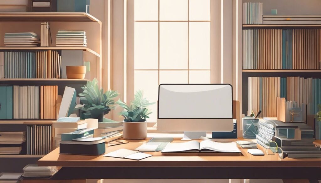 Een opgeruimd bureau met georganiseerde bestanden en kantoorbenodigdheden.