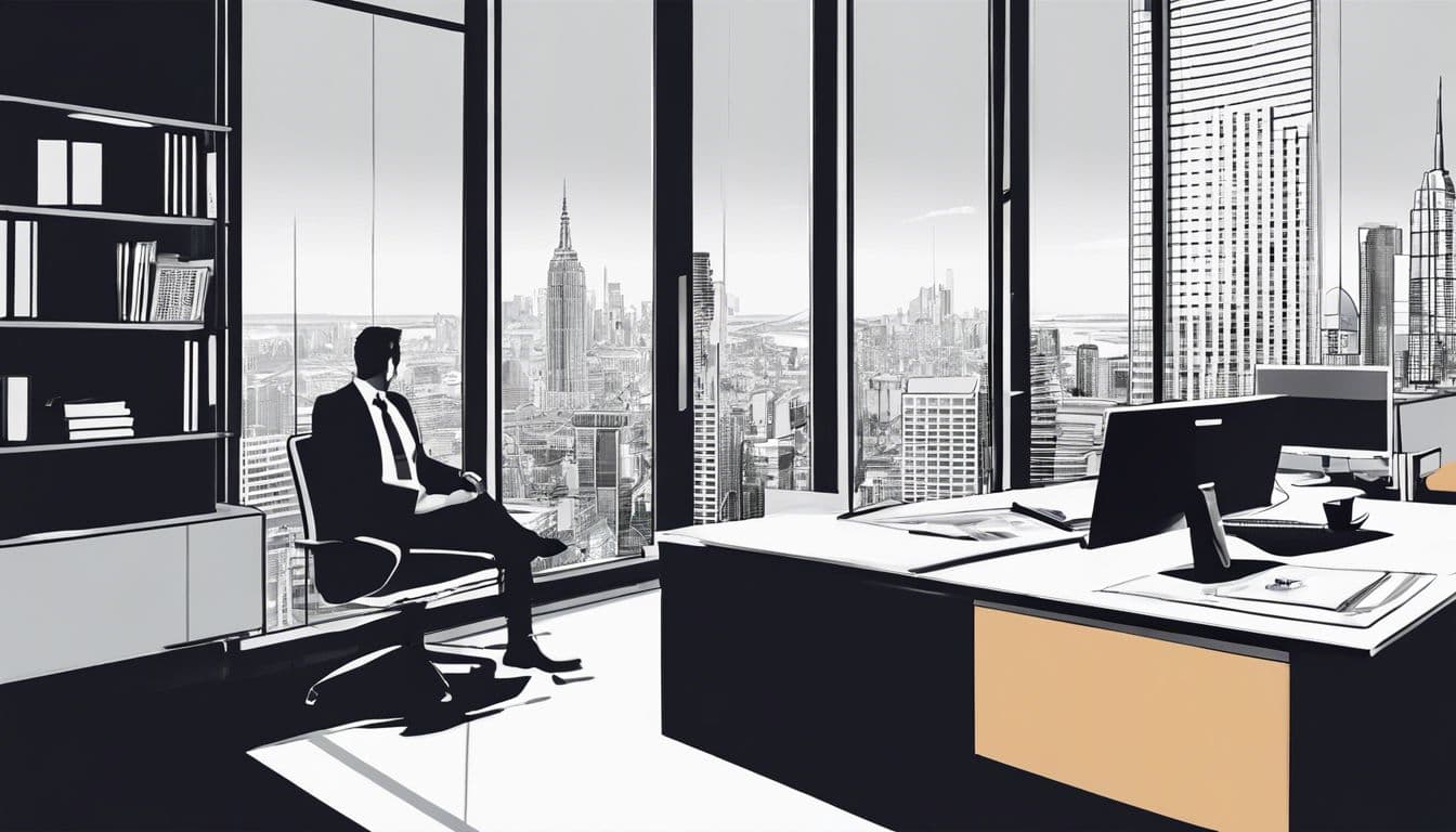 Een professionele accountant bekijkt financiële documenten in een modern kantoor.
