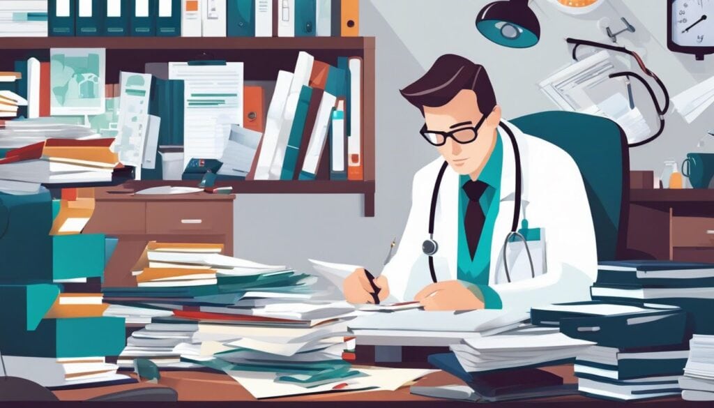 Een drukke dokter werkt hard te midden van rommelig bureau en medische dossiers.