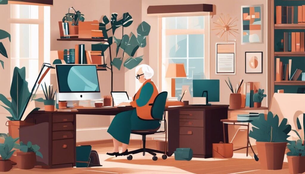 Een oudere persoon werkt in een gezellig thuiskantoor met behulpzame assistenten.