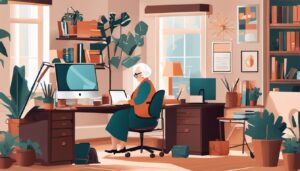 Een oudere persoon werkt in een gezellig thuiskantoor met behulpzame assistenten.