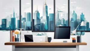 Moderne kantooriconen op een opgeruimd bureau met stadsfotografieachtergrond.