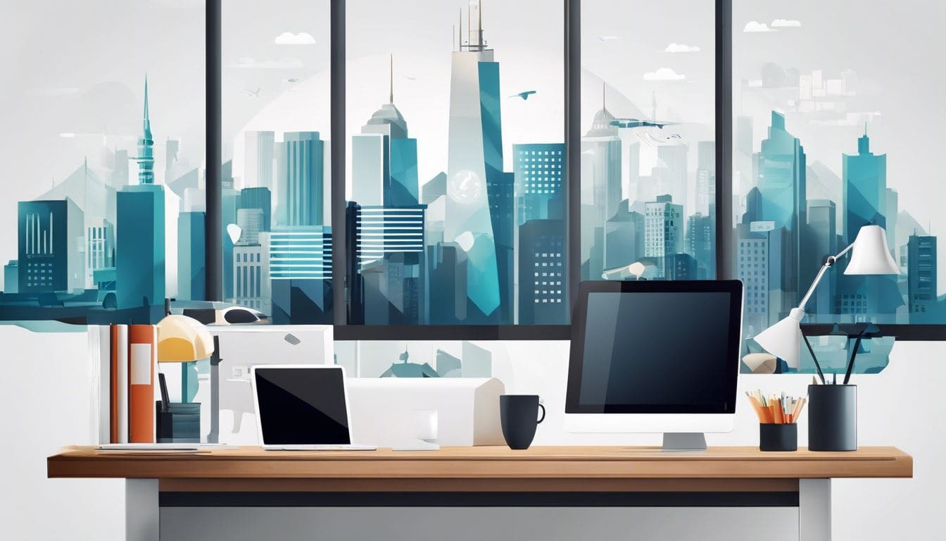 Moderne kantooriconen op een opgeruimd bureau met stadsfotografieachtergrond.