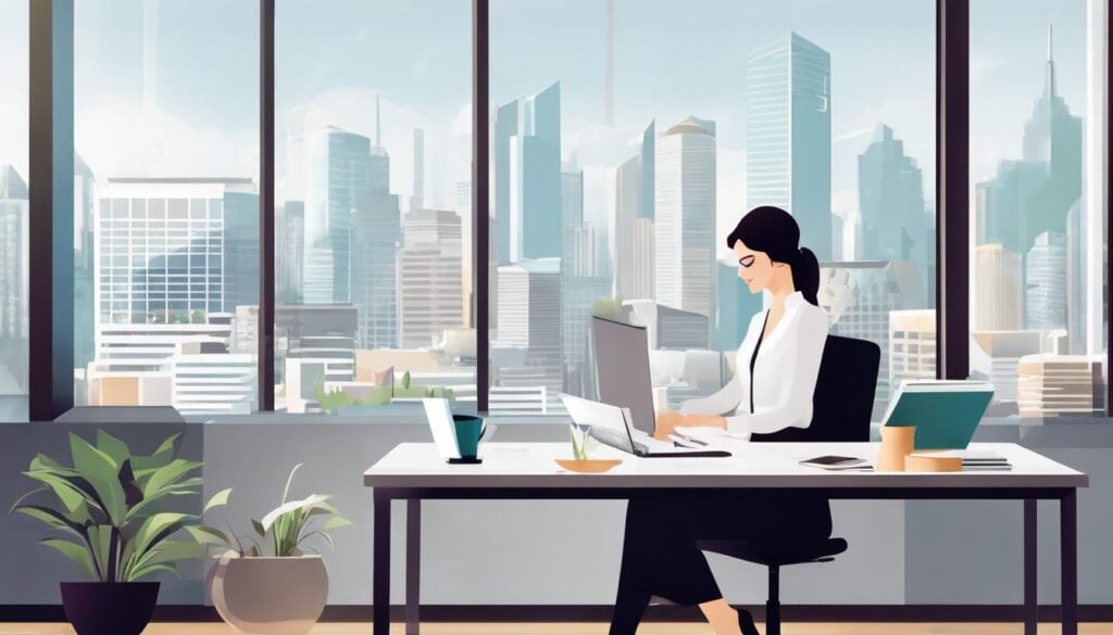 Een professionele zakenvrouw werkt op een laptop in een modern kantoor met uitzicht op de stad.