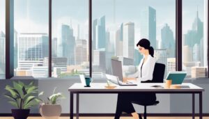 Een professionele zakenvrouw werkt op een laptop in een modern kantoor met uitzicht op de stad.