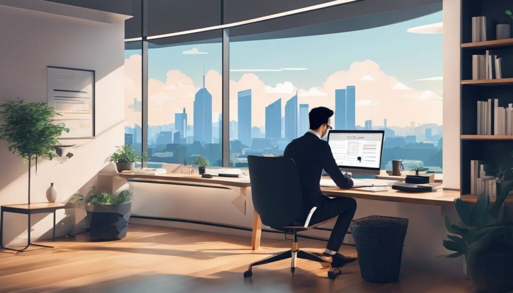 Een accountant gebruikt Yuki's online boekhoudplatform in een modern kantoor.