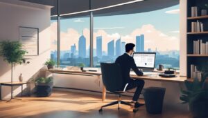 Een accountant gebruikt Yuki's online boekhoudplatform in een modern kantoor.