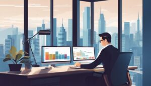 Een persoon die instellingen op een computerscherm aanpast in een goed georganiseerde kantooromgeving.