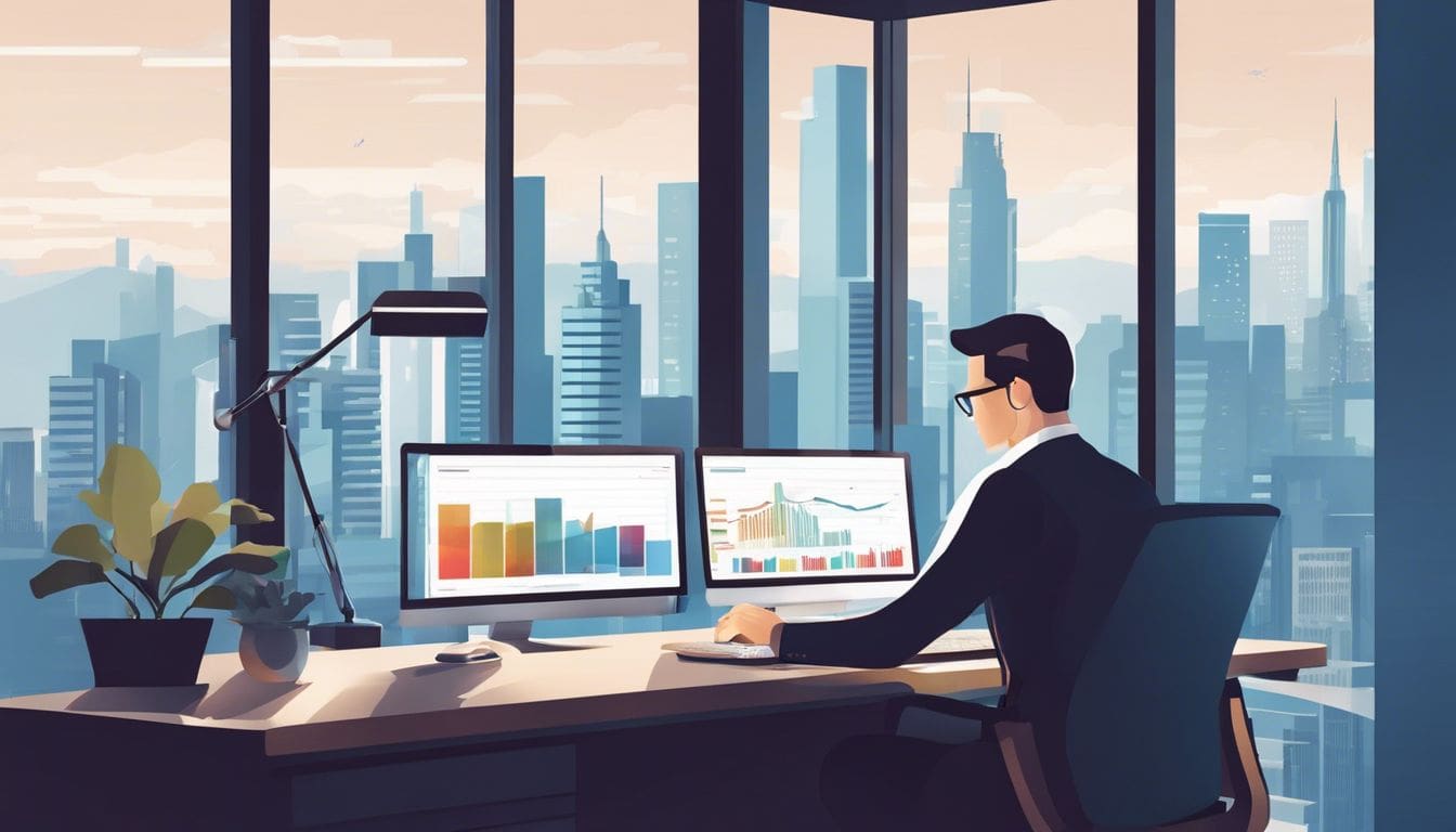 Een persoon die instellingen op een computerscherm aanpast in een goed georganiseerde kantooromgeving.