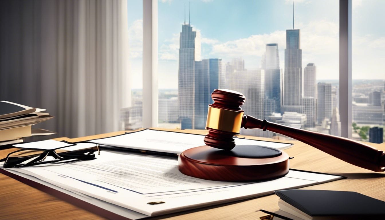 Een schone bureau met juridische documenten en een hamer.