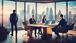 Een groep kerkleiders werkt samen in een moderne kantooromgeving met stadsgezichten op de achtergrond.