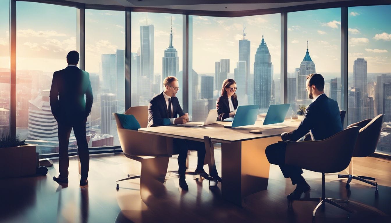 Een groep kerkleiders werkt samen in een moderne kantooromgeving met stadsgezichten op de achtergrond.