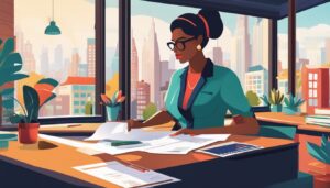 Een kinderdagverblijfmanager organiseert papierwerk in een georganiseerde omgeving.