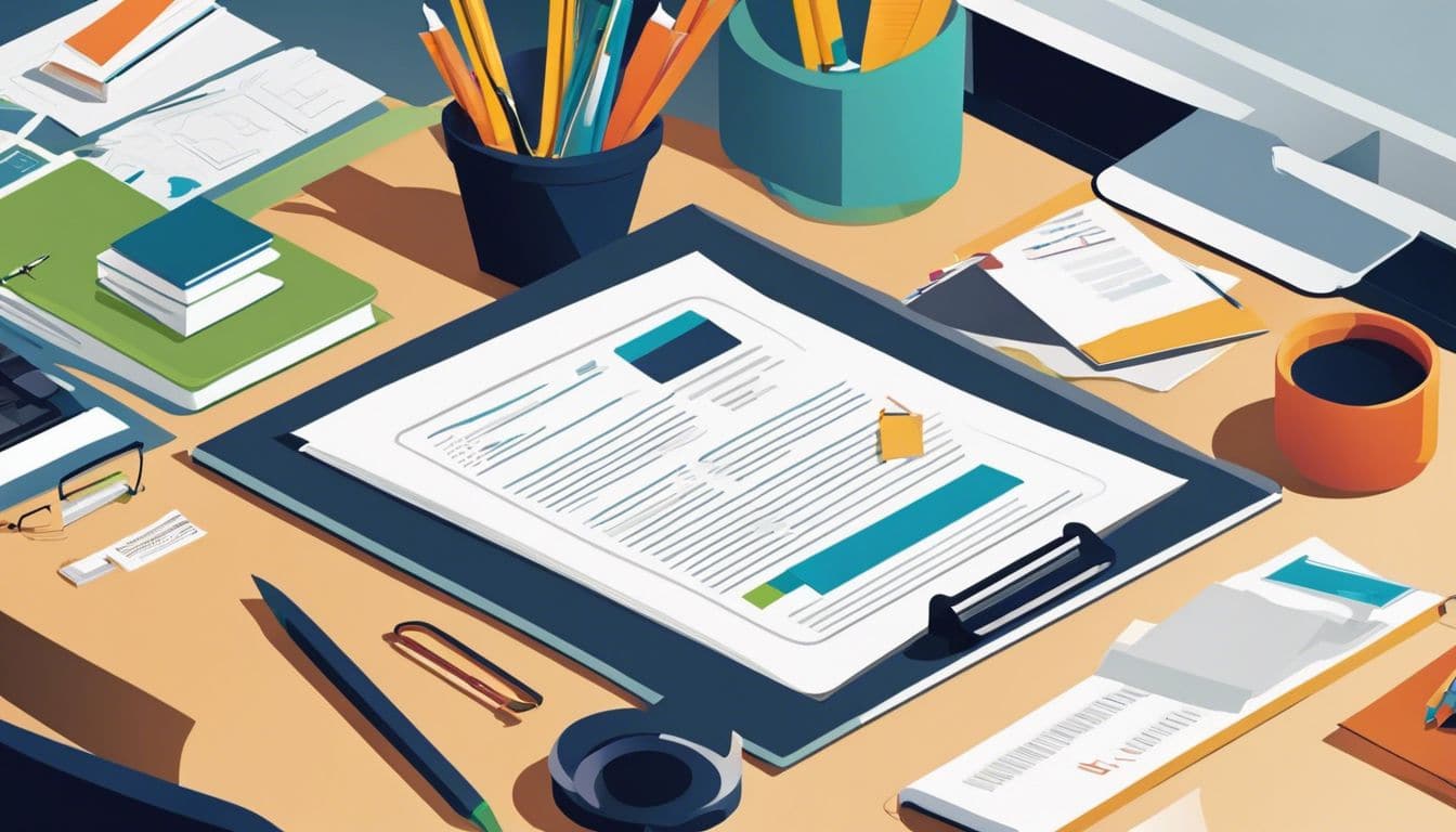 Een persoon organiseert papierwerk in een netjes bureau.