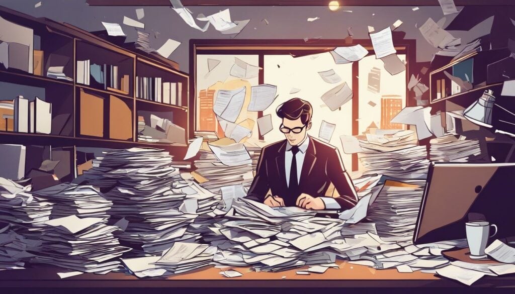 Een persoon organiseert documenten op een rommelig bureau.