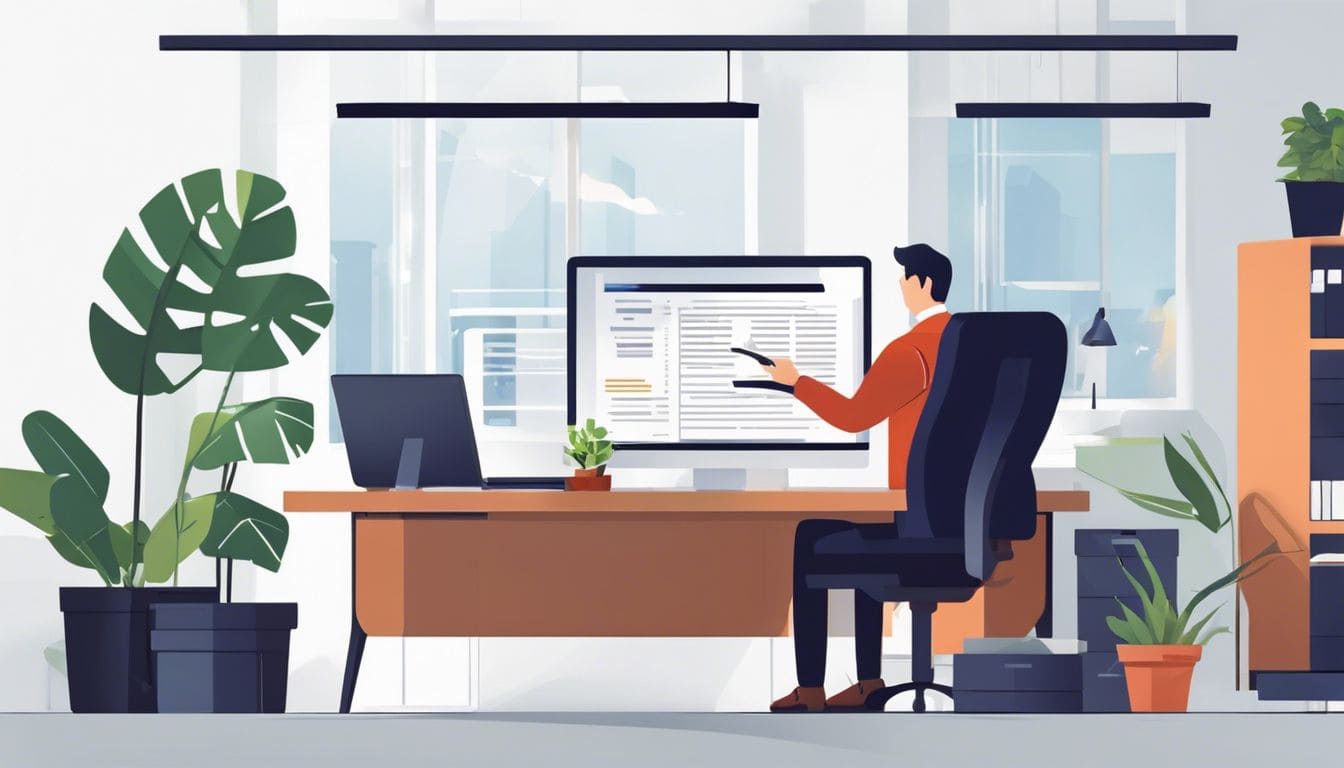 Een professionele accountant werkt op een opgeruimd bureau met financiële documenten.