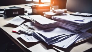 Een stapel verhuurdocumenten en facturen op een rommelig bureau.