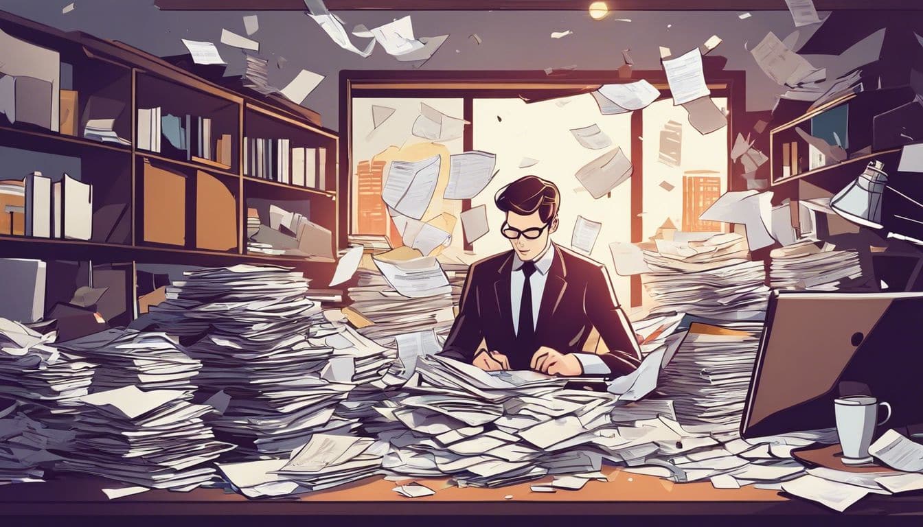 Een persoon organiseert documenten op een rommelig bureau.