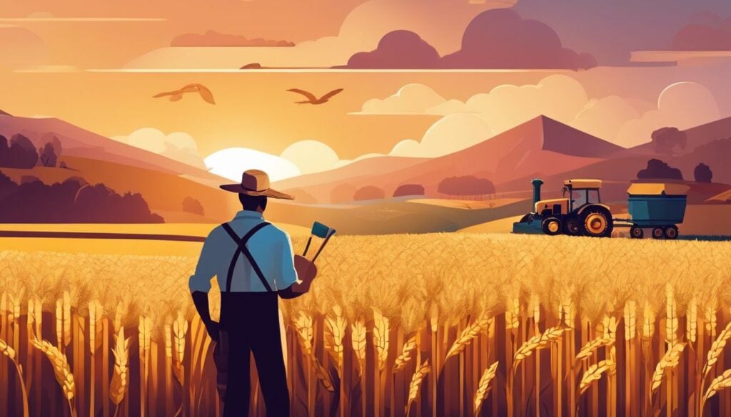 Een boer overlegt met landbouwadviseurs in een uitgestrekt veld.