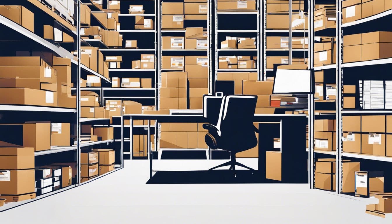 Een logistieke administratieve medewerker organiseert verzenddocumenten in een magazijn.